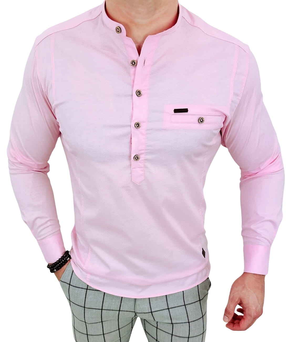 Koszula meska ze stojka rozowa slim fit zapinana do polowy 1966