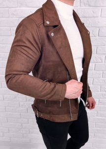 Zamszowa ramoneska camel męska z klapami Stylovy
