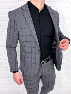 Szara w czarną kratę marynarka męska slim fit 64g