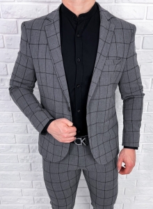 Szara w czarną kratę marynarka męska slim fit 64g