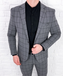 Szara w czarną kratę marynarka męska slim fit 64g