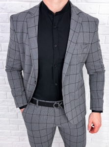 Szara w czarną kratę marynarka męska slim fit 64g
