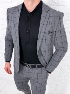 Szara w czarną kratę marynarka męska slim fit 64g