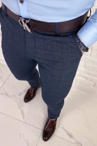 Granatowe eleganckie spodnie w kratę męskie slim fit Diego-5