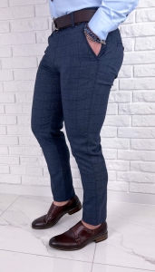 Granatowe eleganckie spodnie w kratę męskie slim fit Diego-5