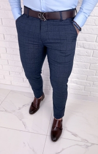 Granatowe eleganckie spodnie w kratę męskie slim fit Diego-5