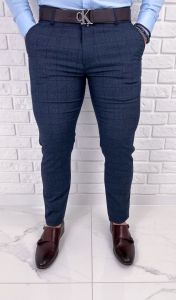 Granatowe eleganckie spodnie w kratę męskie slim fit Diego-5