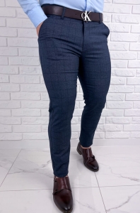 Granatowe eleganckie spodnie w kratę męskie slim fit Diego-5