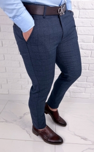 Granatowe eleganckie spodnie w kratę męskie slim fit Diego-5