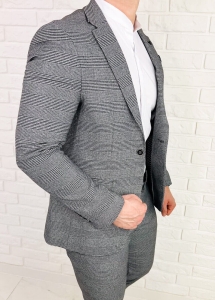 Szara elegancka w czarną kratę marynarka męska slim 1190