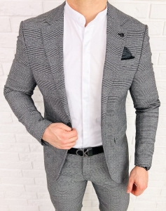 Szara elegancka w czarną kratę marynarka męska slim 1190