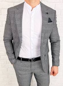 Szara elegancka w czarną kratę marynarka męska slim 1190