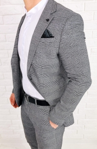 Szara elegancka w czarną kratę marynarka męska slim 1190