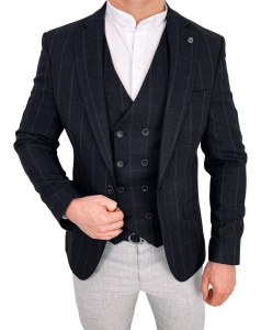 Czarna elegancka w szarą kratę marynarka męska slim 5300-3378