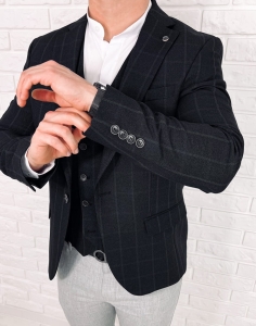 Czarna elegancka w szarą kratę marynarka męska slim 5300-3378