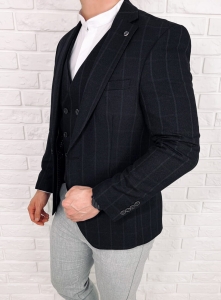 Czarna elegancka w szarą kratę marynarka męska slim 5300-3378