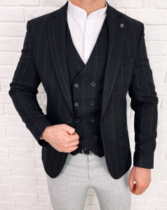 Czarna elegancka w szarą kratę marynarka męska slim 5300-3378