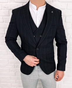 Czarna elegancka w szarą kratę marynarka męska slim 5300-3378