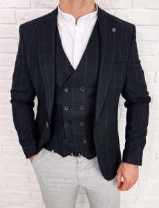 Czarna elegancka w szarą kratę marynarka męska slim 5300-3378