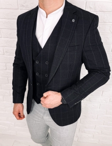 Czarna elegancka w szarą kratę marynarka męska slim 5300-3378
