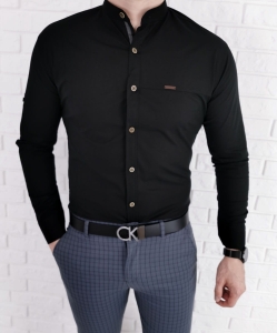 Czarna męska koszula ze stójką slim fit z przeszyciami 0134/2