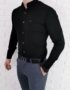 Czarna męska koszula ze stójką slim fit z przeszyciami 0134/2