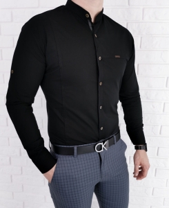 Czarna męska koszula ze stójką slim fit z przeszyciami 0134/2