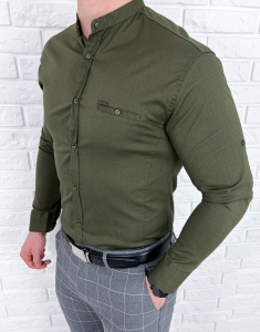 Koszula khaki ze stójką slim fit ozdobna kieszonka 0274/36