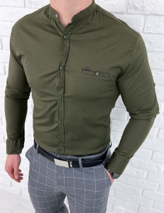 Koszula khaki ze stójką slim fit ozdobna kieszonka 0274/36