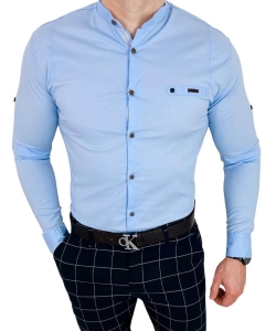 Jasnoniebieska męska koszula slim fit ze stójką i wstawką 0212/76