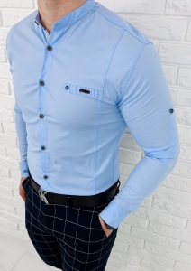 Jasnoniebieska męska koszula slim fit ze stójką i wstawką 0212/76