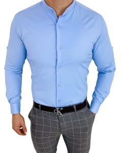 Niebieska koszula ze stójką slim fit męska klasyczna Rs-1180