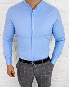 Niebieska koszula ze stójką slim fit męska klasyczna Rs-1180