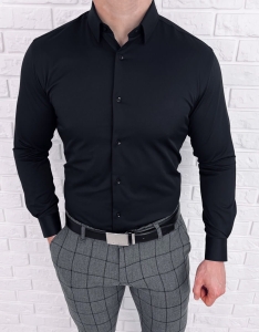 Czarna koszula męska slim fit klasyczna z kołnierzem RS-2000