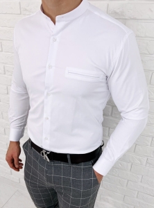 Biała koszula ze stójką slim fit kieszonka Rs-1120