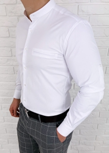Biała koszula ze stójką slim fit kieszonka Rs-1120