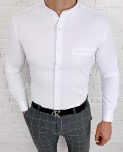 Biała koszula ze stójką slim fit kieszonka Rs-1120