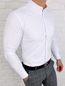Biała koszula ze stójką slim fit kieszonka Rs-1120