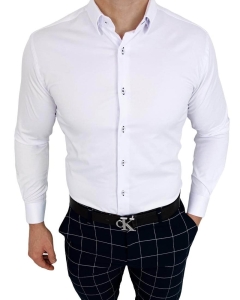 Biała koszula slim fit z kołnierzem granatowe obszycia Rs-1150