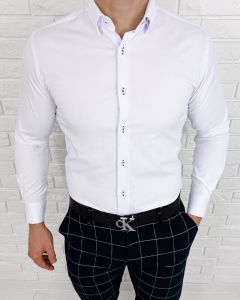 Biała koszula slim fit z kołnierzem granatowe obszycia Rs-1150