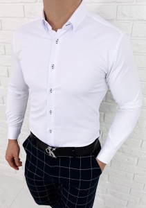 Biała koszula slim fit z kołnierzem granatowe obszycia Rs-1150