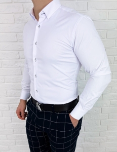 Biała koszula slim fit z kołnierzem granatowe obszycia Rs-1150