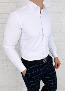 Biała koszula slim fit z kołnierzem granatowe obszycia Rs-1150
