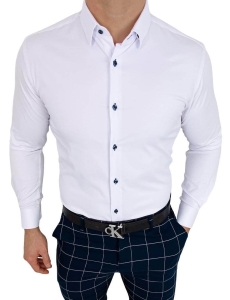 Biała koszula slim fit z kołnierzem granatowe guziki Rs-1140