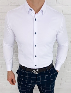 Biała koszula slim fit z kołnierzem granatowe guziki Rs-1140
