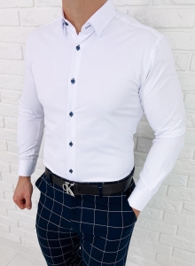Biała koszula slim fit z kołnierzem granatowe guziki Rs-1140