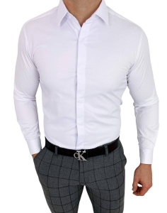 Biała koszula z krytą plisą slim fit z kołnierzem męska RS-1070