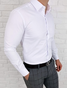 Biała koszula z krytą plisą slim fit z kołnierzem męska RS-1070