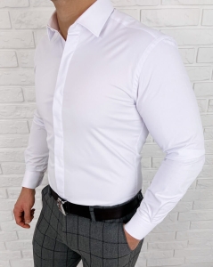 Biała koszula z krytą plisą slim fit z kołnierzem męska RS-1070