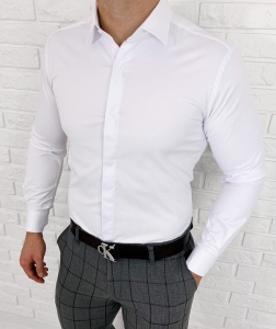 Biała koszula z krytą plisą slim fit z kołnierzem męska RS-1070